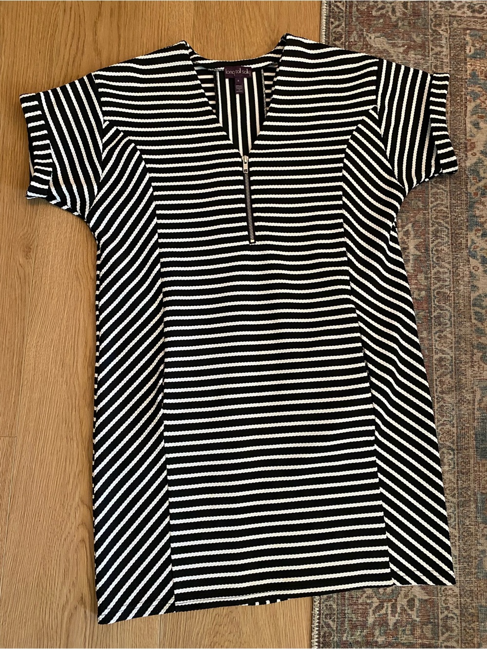 Long Tall Sally Black White Striped Zip Neck Shift Dress Small